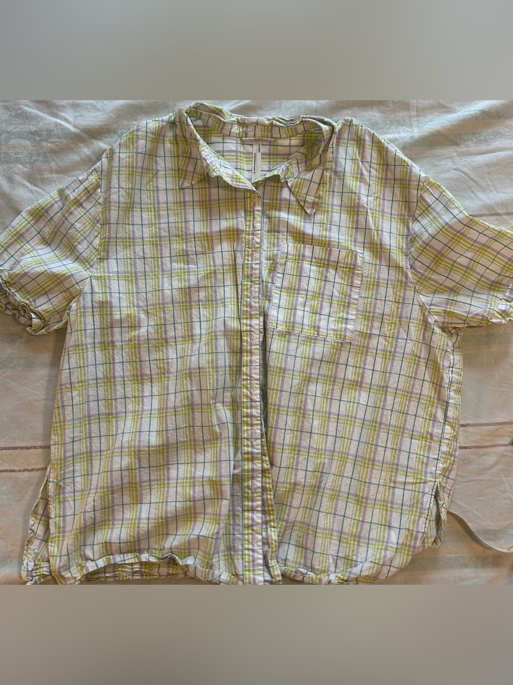 Anthropologie Women’s Short-Sleeve Plaid Button up in Light Green and White L